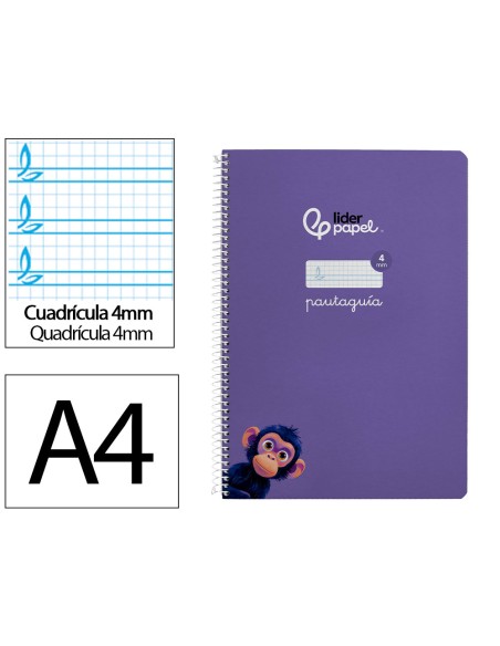 Cuaderno espiral liderpapel a4 pautaguia tapa blanda 80h 75gr cuadro pautado 4mm color lila