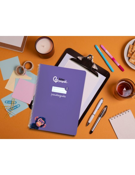 Cuaderno espiral liderpapel a4 pautaguia tapa blanda 80h 75gr cuadro pautado 3mm color lila