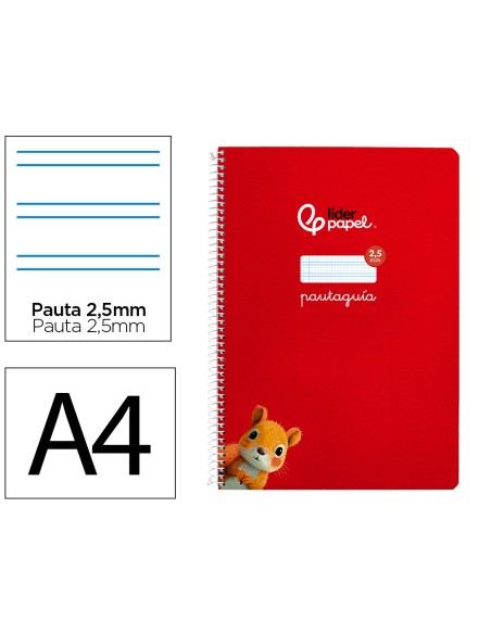 Cuaderno espiral liderpapel a4 pautaguia tapa blanda 80h 75gr cuadro pautado 2,5mm color rojo