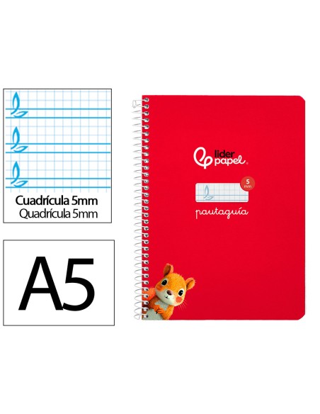 Cuaderno espiral liderpapel a5 pautaguia tapa dura 80h 90 gr cuadro pautado 5mm color rojo