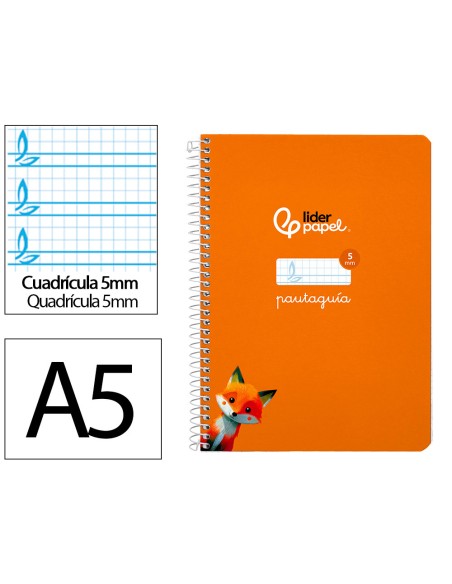 Cuaderno espiral liderpapel a5 pautaguia tapa dura 80h 90 gr cuadro pautado 5mm color naranja