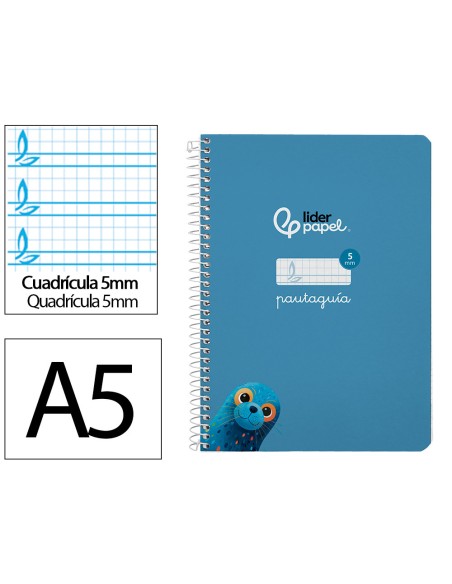Cuaderno espiral liderpapel a5 pautaguia tapa dura 80h 90 gr cuadro pautado 5mm color azul
