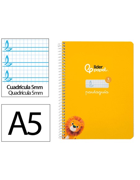Cuaderno espiral liderpapel a5 pautaguia tapa dura 80h 90 gr cuadro pautado 5mm color amarillo