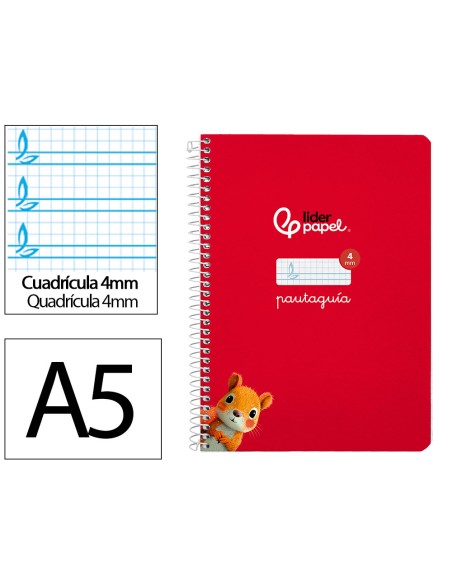Cuaderno espiral liderpapel a5 pautaguia tapa dura 80h 90gr cuadro pautado 4mm color rojo