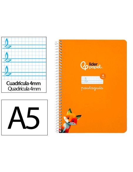 Cuaderno espiral liderpapel a5 pautaguia tapa dura 80h 90gr cuadro pautado 4mm color naranja