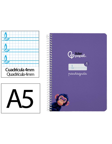 Cuaderno espiral liderpapel a5 pautaguia tapa dura 80h 90gr cuadro pautado 4mm color lila