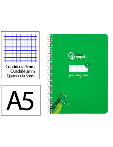 Cuaderno espiral liderpapel a5 pautaguia tapa dura 80h 90 gr cuadro pautado 3mm color verde