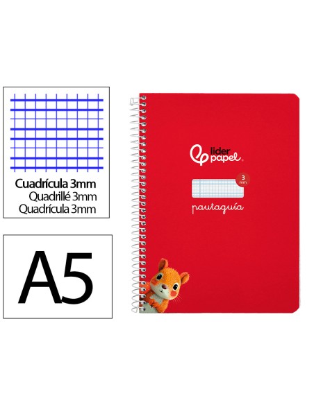 Cuaderno espiral liderpapel a5 pautaguia tapa dura 80h 90gr cuadro pautado 3mm color rojo