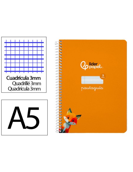 Cuaderno espiral liderpapel a5 pautaguia tapa dura 80h 90gr cuadro pautado 3mm color naranja