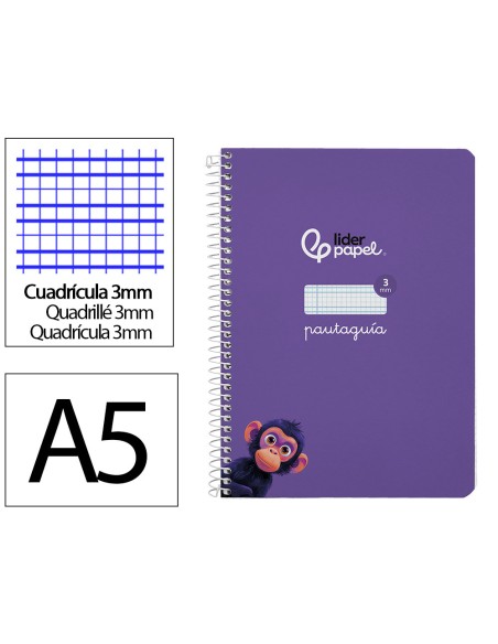 Cuaderno espiral liderpapel a5 pautaguia tapa dura 80h 90gr cuadro pautado 3mm color lila