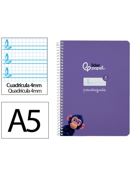 Cuaderno espiral liderpapel a5 pautaguia tapa blanda 40h 75gr cuadro pautado 4mm color lila