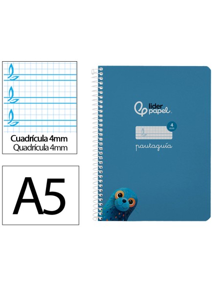 Cuaderno espiral liderpapel a5 pautaguia tapa blanda 40h 75gr cuadro pautado 4mm color azul