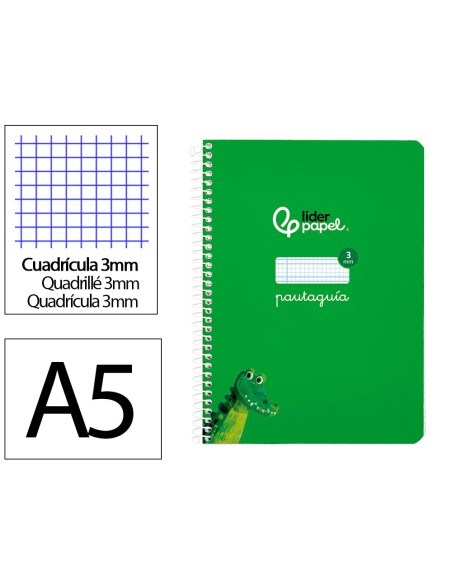 Cuaderno espiral liderpapel a5 pautaguia tapa blanda 40h 75gr cuadro pautado 3mm color verde