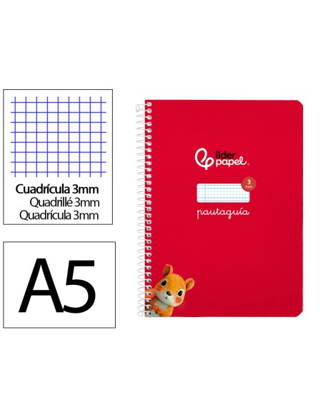 Cuaderno espiral liderpapel a5 pautaguia tapa blanda 40h 75gr cuadro pautado 3mm color rojo