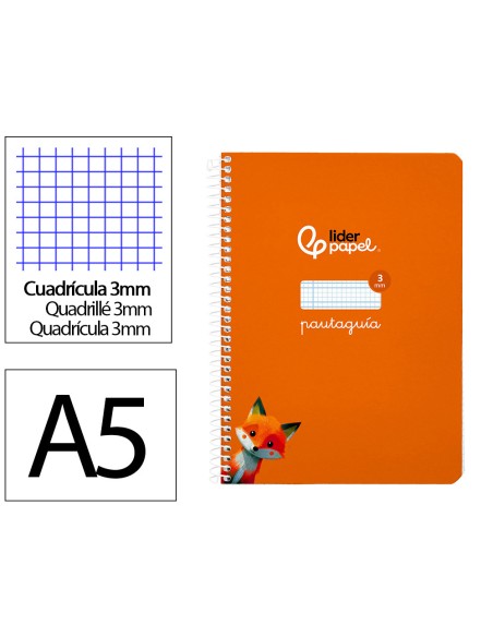 Cuaderno espiral liderpapel a5 pautaguia tapa blanda 40h 75gr cuadro pautado 3mm color naranja