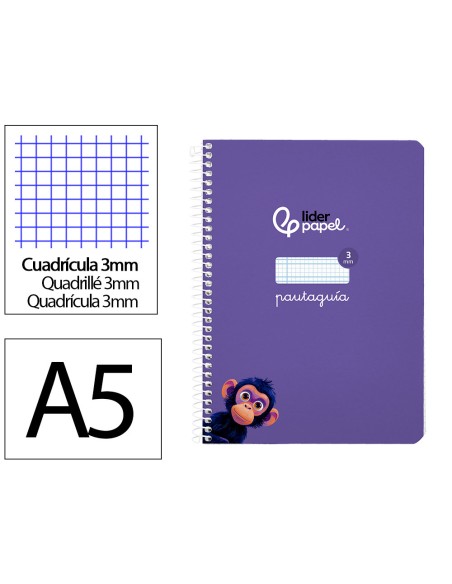 Cuaderno espiral liderpapel a5 pautaguia tapa blanda 40h 75gr cuadro pautado 3mm color lila