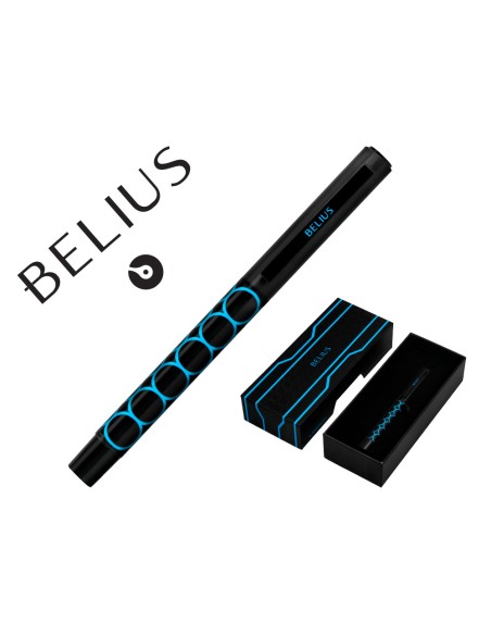 Boligrafo belius legacy aluminio diseño circulos azul cuerpo negro tinta color azul caja de diseño
