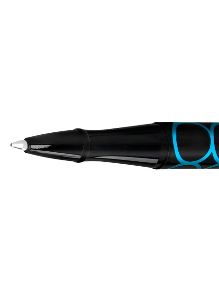 Boligrafo belius legacy aluminio diseño circulos azul cuerpo negro tinta color azul caja de diseño