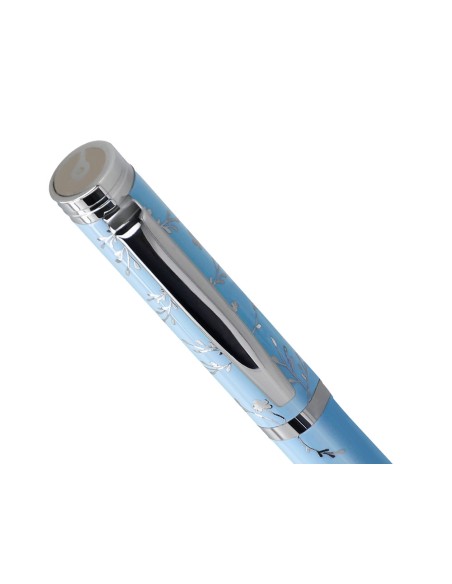 Boligrafo belius bella aluminio color azul celeste diseño plateado relieve tinta azul caja de diseño