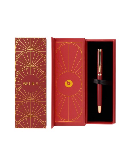 Boligrafo belius soiree aluminio color art deco granate y dorado tinta azul caja de diseño