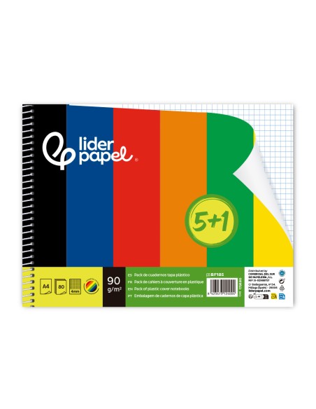 Cuaderno espiral liderpapel a4 wonder tapa plastica 80h 90gr cuadro 4mm con margen pack 5+1 colores surtidos