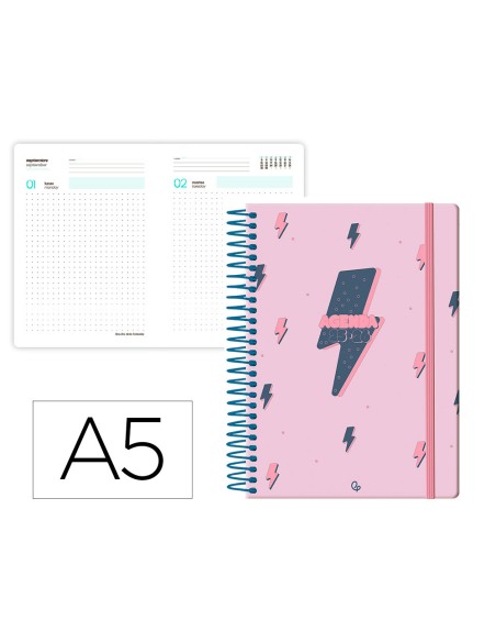 Agenda escolar liderpapel 25-26 espiral patterns rayos rosa dia pagina a5 bilingüe papel fsc 80 gr