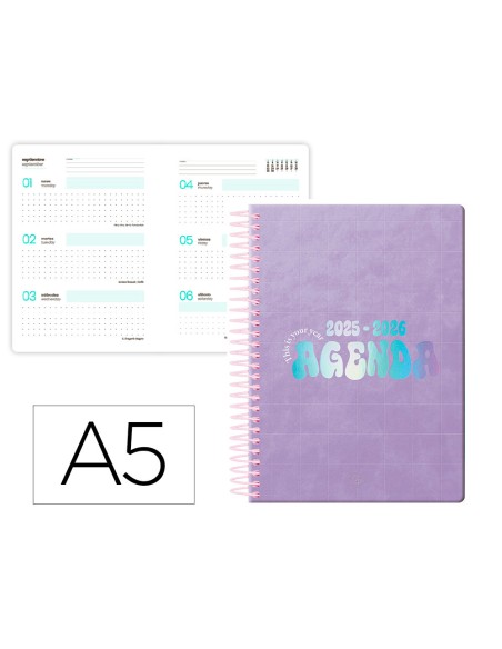 Agenda escolar liderpapel 25-26 espiral kymolos dia pagina a5 bilingüe papel fsc 80 gr