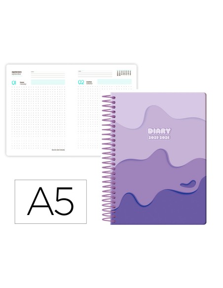 Agenda escolar liderpapel 25-26 espiral melting morado dia pagina a5 bilingüe papel fsc 80 gr