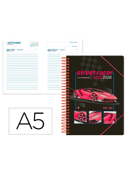 Agenda escolar liderpapel 25-26 espiral cars rojo dia pagina a5 bilingüe papel fsc 80 gr