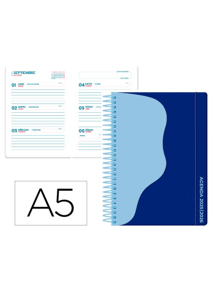 Agenda escolar liderpapel 25-26 espiral waves azul oscu ro semana vista a5 bilingüe papel fsc 80 gr
