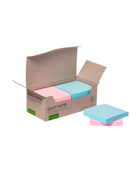 Bloc de notas adhesivas quita y pon q-connect 76x76 mm 100% papel reciclado colores pasteles en caja de carton