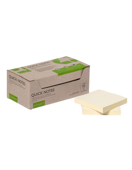 Bloc de notas adhesivas quita y pon q-connect 38x51 mm 100% papel reciclado amarillo en caja de carton