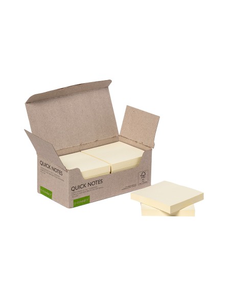 Bloc de notas adhesivas quita y pon q-connect 38x51 mm 100% papel reciclado amarillo en caja de carton