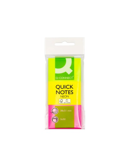 Bloc de notas adhesivas quita y pon q-connect 38x51 mm neon pack de 3 unidades con 50 hojas por color