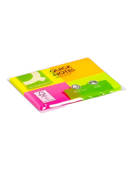 Bloc de notas adhesivas quita y pon q-connect 38x51 mm con 50 hojas fluorescentes pack de 4 unidades