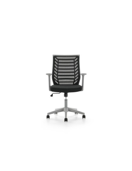 Silla rocada de oficina brazos regulables estructura gris respaldo malla y asiento tela ignifuga negro