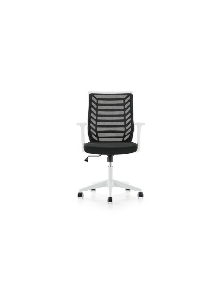 Silla rocada de oficina brazos regulables estructura blanca respaldo malla y asiento tela ignifuga negro