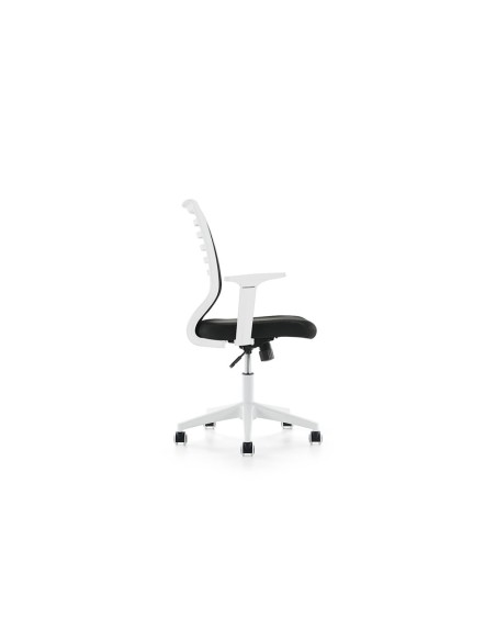 Silla rocada de oficina brazos regulables estructura blanca respaldo malla y asiento tela ignifuga negro