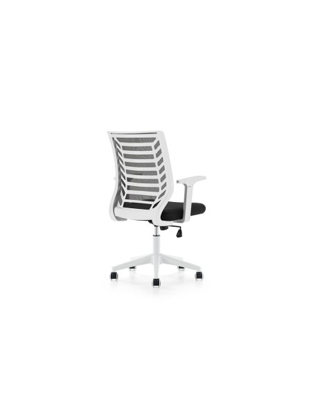 Silla rocada de oficina brazos regulables estructura blanca respaldo malla y asiento tela ignifuga negro