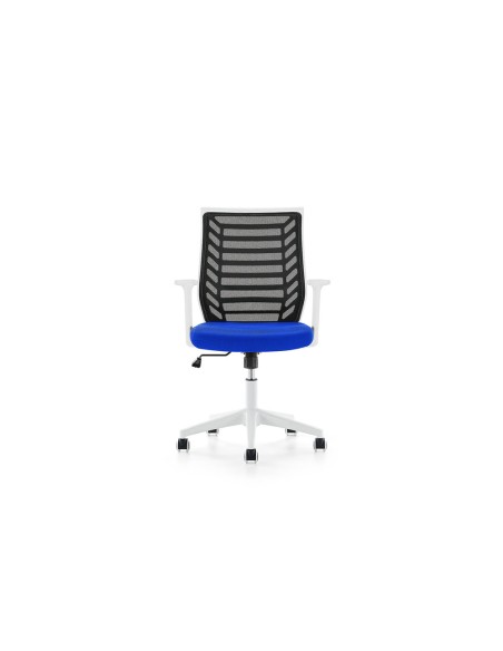 Silla rocada de oficina brazos regulables estructura blanca respaldo malla y asiento tela ignifuga azul