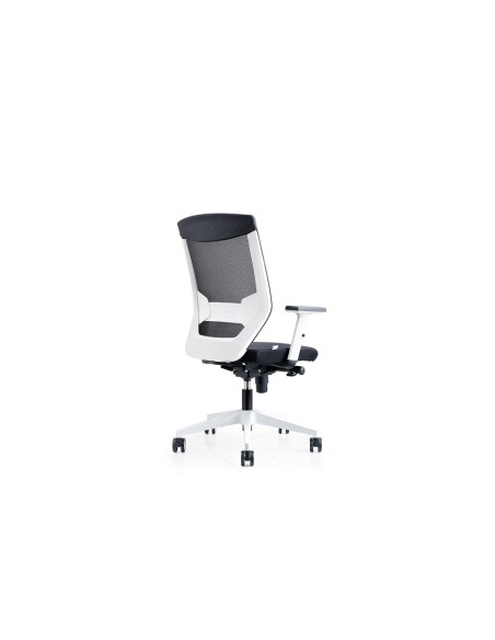 Silla rocada de oficina con brazos regulables y respaldo malla negro tapizada en tela ignifuga negro color blanco