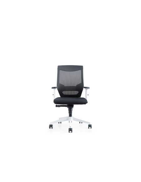 Silla rocada de oficina con brazos regulables y respaldo malla negro tapizada en tela ignifuga negro color blanco