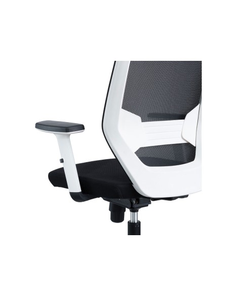 Silla rocada de oficina con brazos regulables y respaldo malla negro tapizada en tela ignifuga negro color blanco