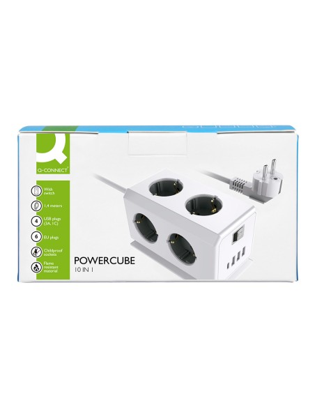 Regleta q-connect enchufe multiple 10 en 1 cable 1,4 m 6 tomas de corriente+3 usb+1 usb tipo c 140x76x87mm