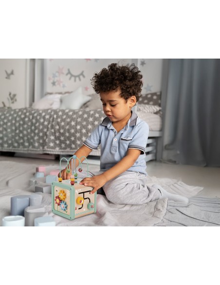 Juego infantil imaginovo madera cubo de actividades +18 meses 15,5x15,5x28cm