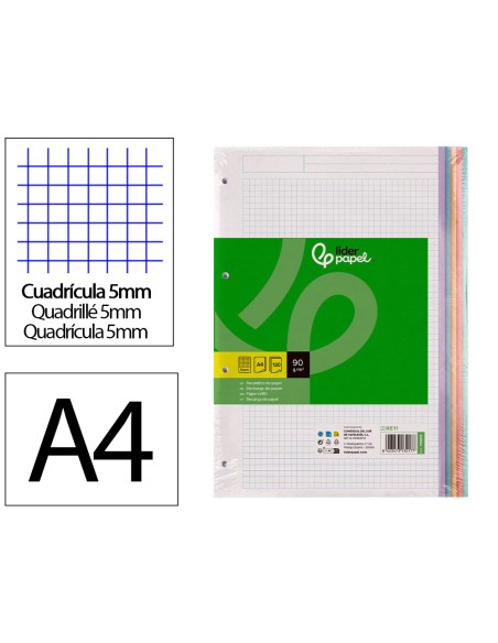 Recambio liderpapel a4 120 hojas 90gr cuadro 5 mm 4 taladros bandas de 5 colores pasteles