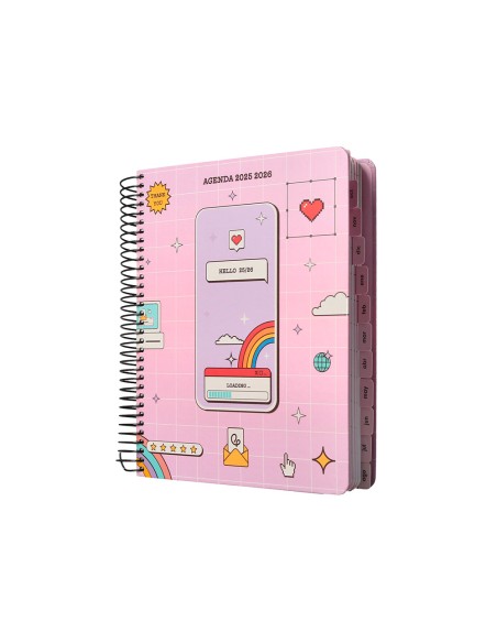 Agenda escolar liderpapel 25-26 espiral pixel rosa dia pagina a5 bilingüe papel fsc 80 gr