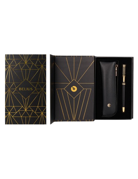 Pluma y estuche belius soiree color art deco negro y dorado tinta azul caja de diseño