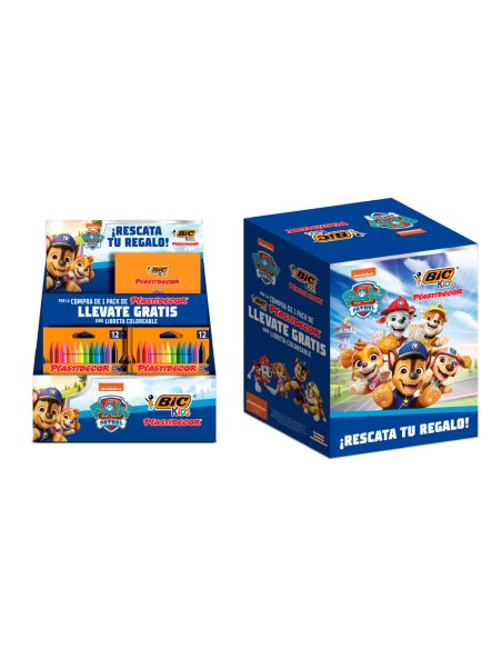 Lapices cera plastidecor caja de 12 colores surtidos expositor de 24 unidades + 24 cuadernos colorear patrulla