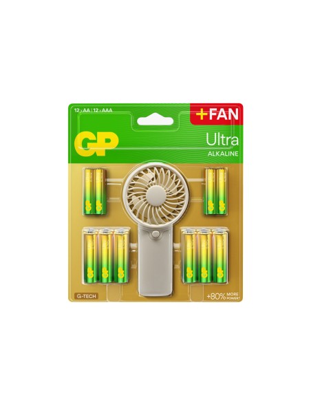Pila gp ultra alcalina blister de 12 unidades aa + 12 unidades aaa + ventilador de mano